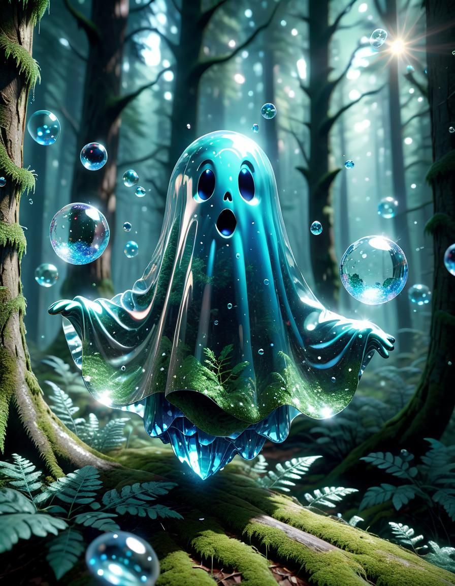 Blue Crystal Ghost Flies Through Forest Scene