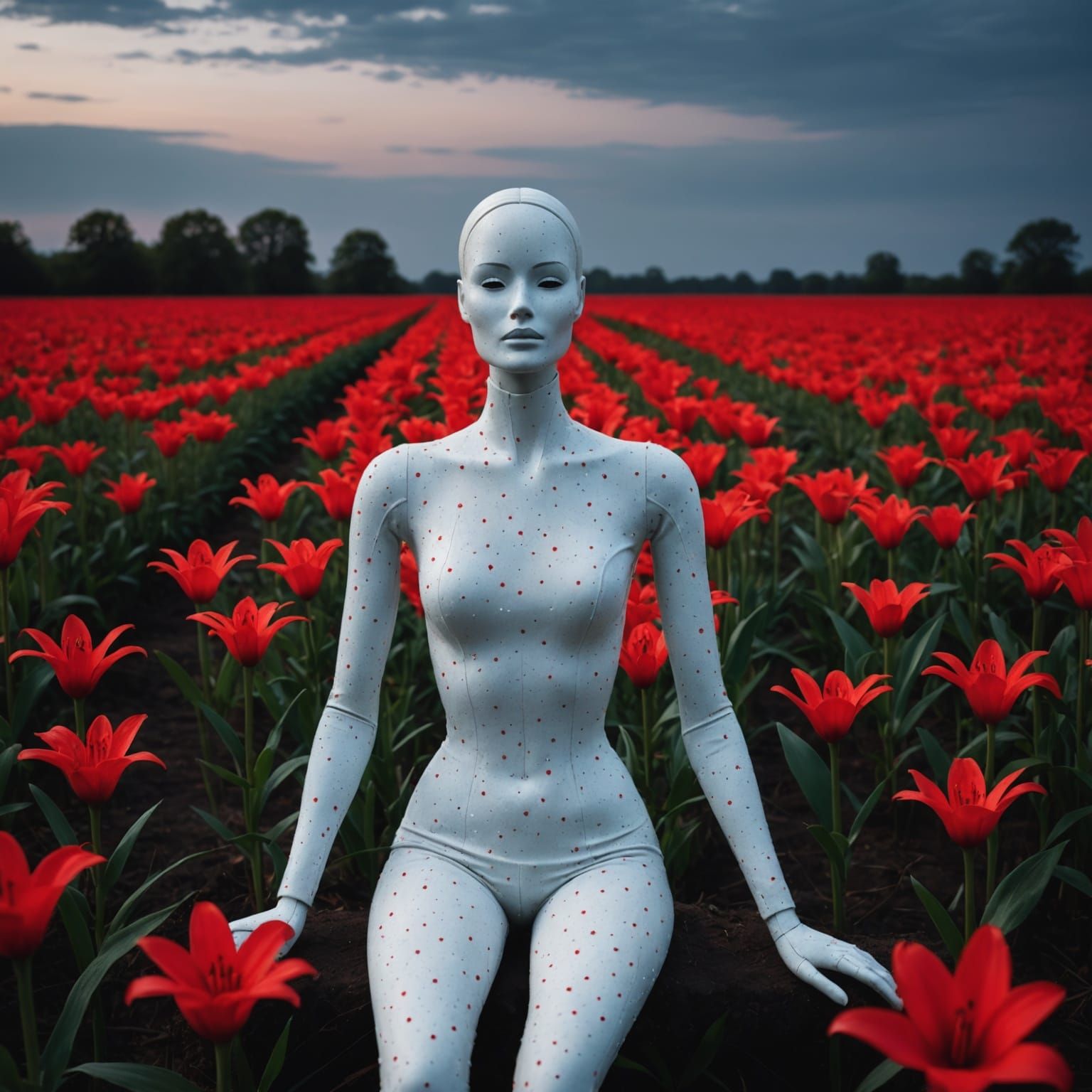 Mannequin in Red Lilies Under Starry Sky