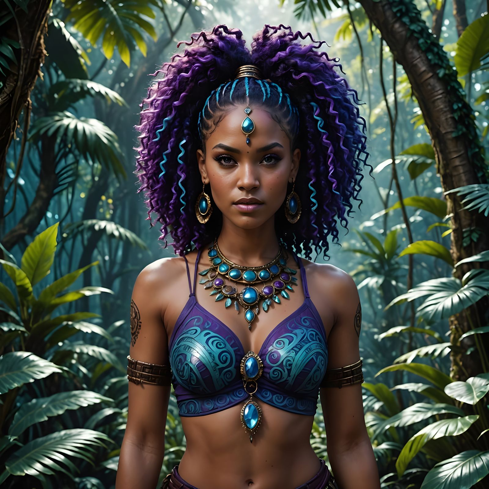 Busty Tribal Woman in Tropical Jungle, Fantasy Art