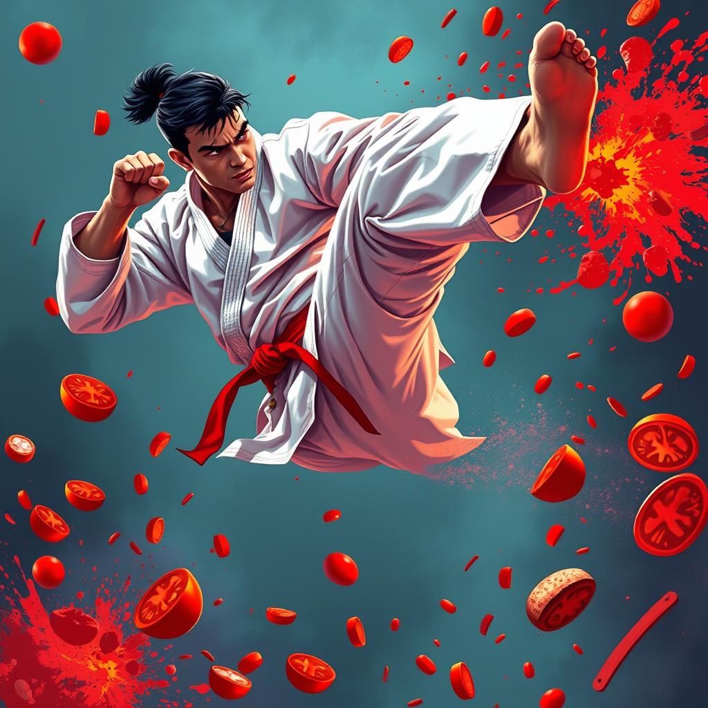 Karate Athlete Kicks Through Tomatoes: Dynamic Illustration