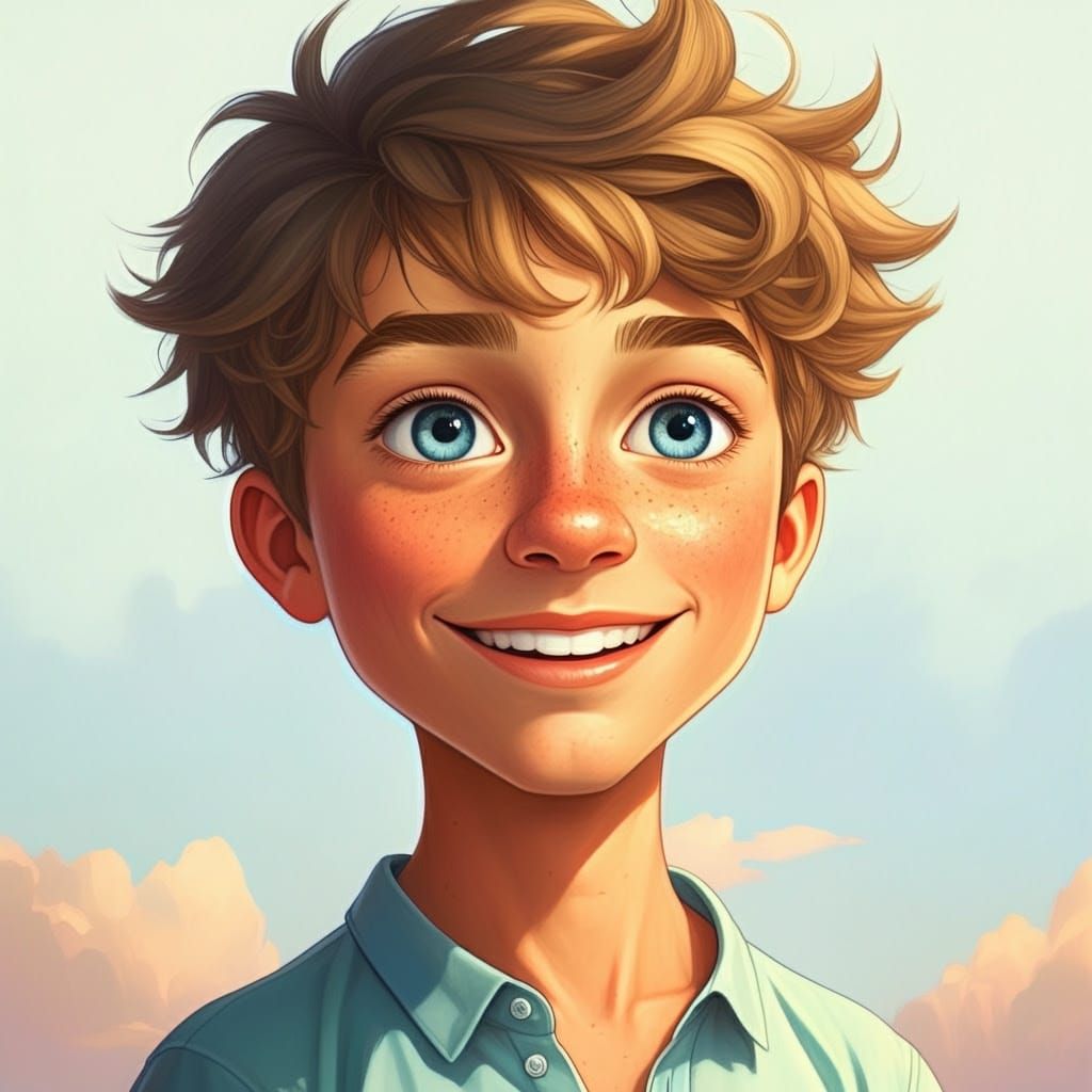 Charming Summer Boy with Freckles and Blue Eyes