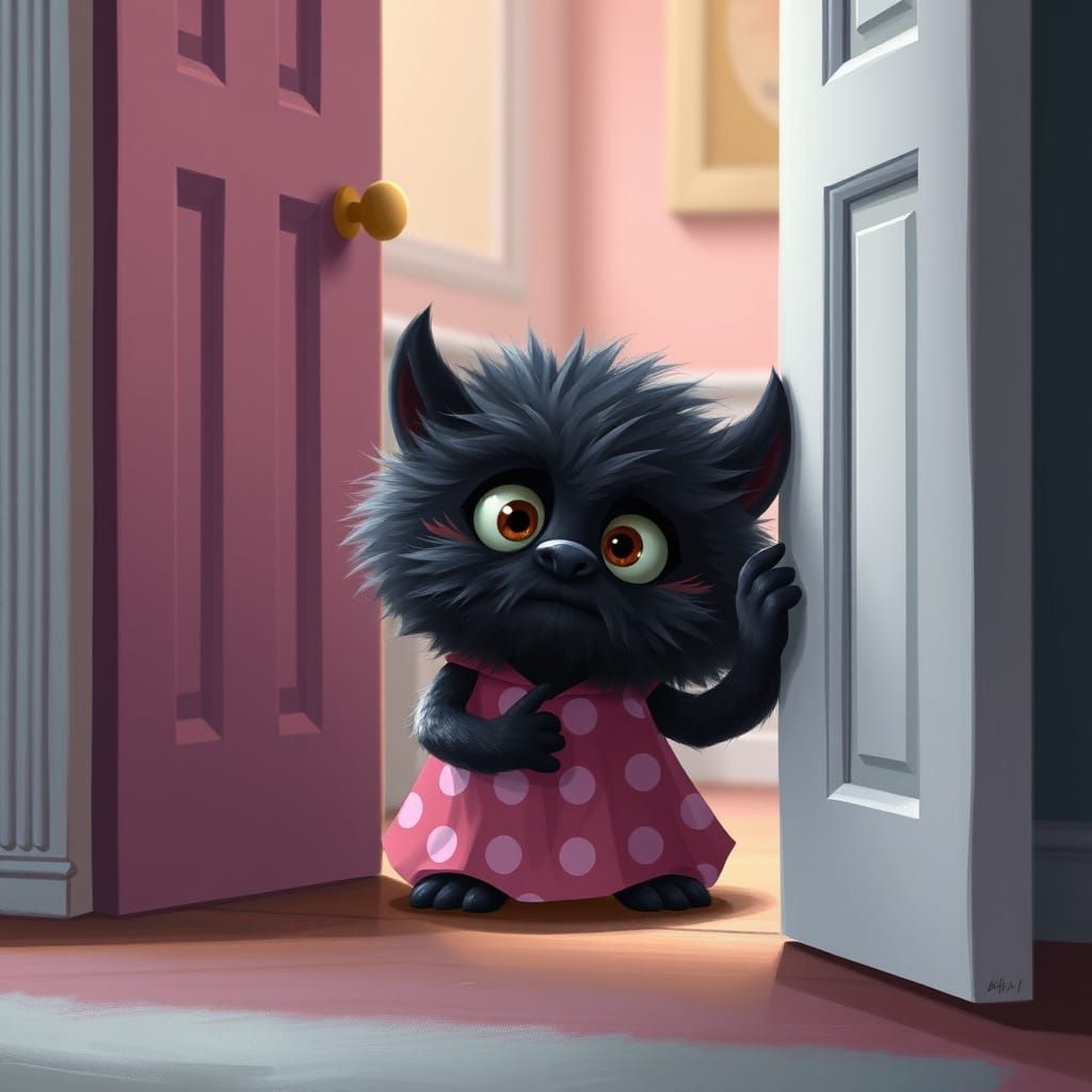 Timid Fluffy Monster in Pink Polka Dot Dress