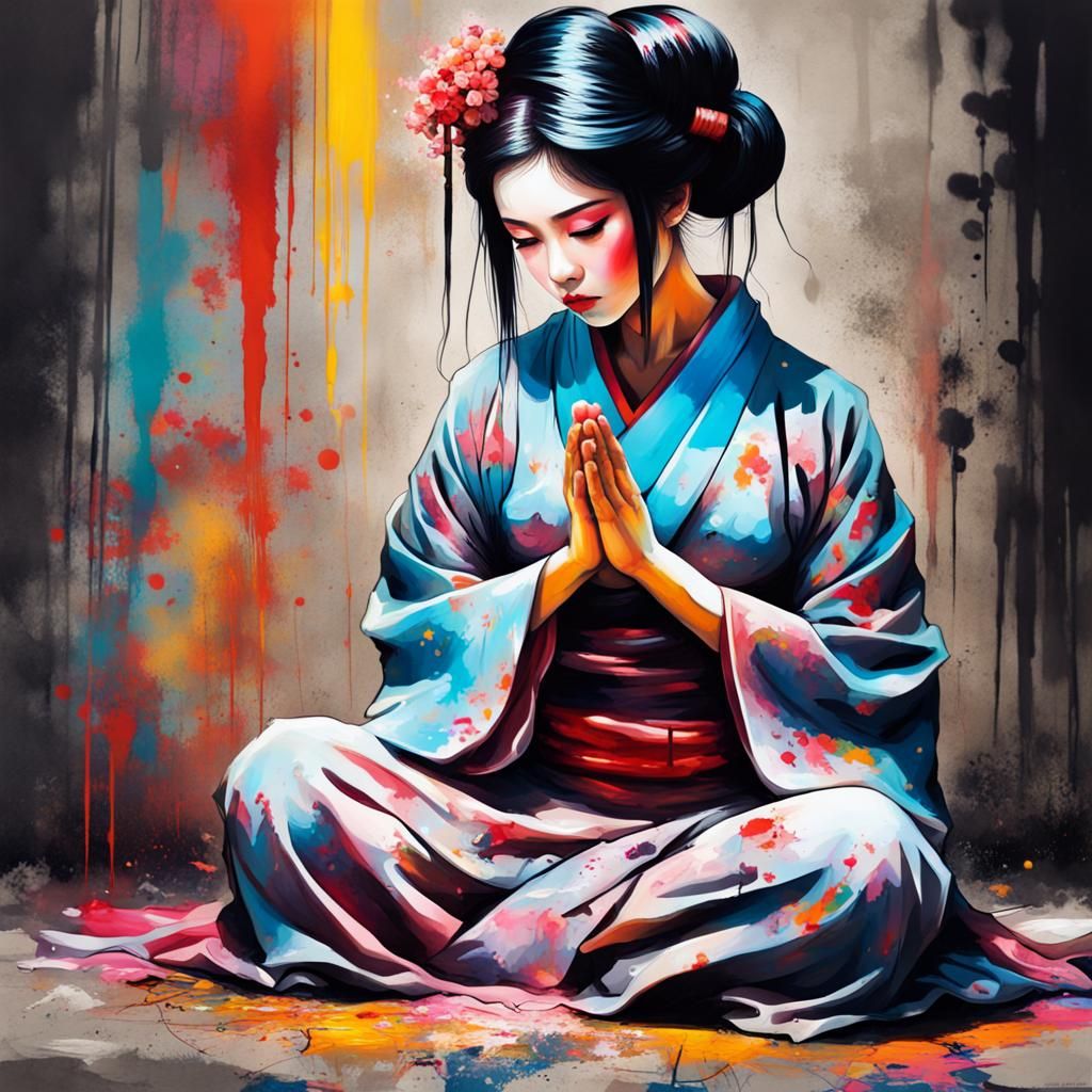 Geisha Praying: Graffiti Art Style Digital Image