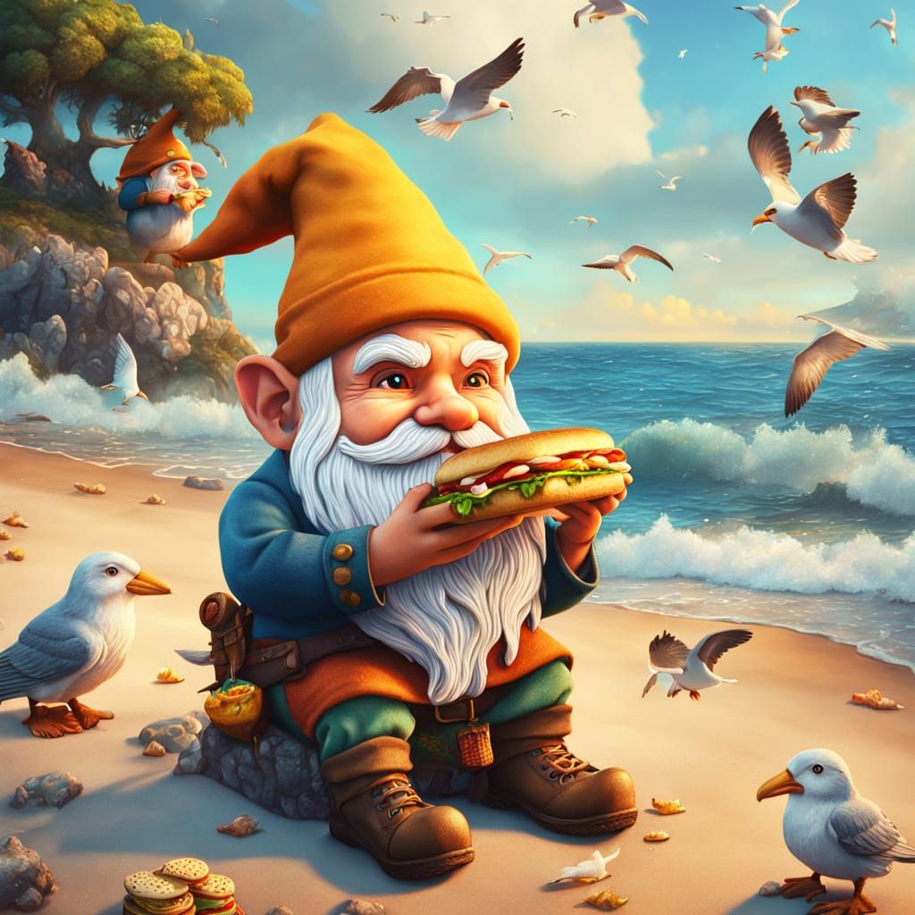 Whimsical Gnome Enjoys Fish Sandwich by Warm Sunset Sea