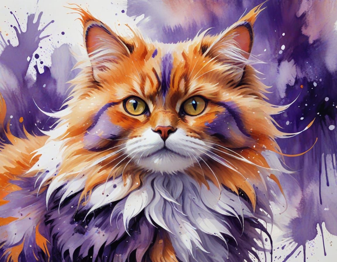 Vibrant Orange and Purple Feline Portrait in Gouache Style
