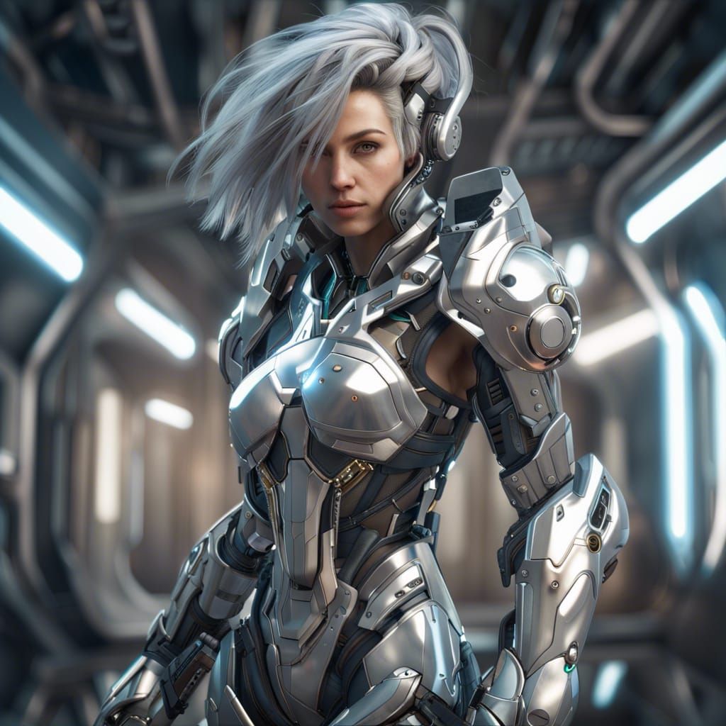 Futuristic Chrome-Armored Woman Portrait in Cyberpunk Style