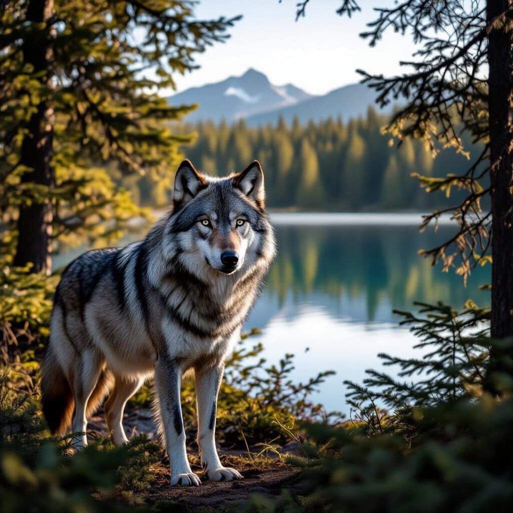 Majestic Wolf by Serene Lake in Golden Hour Light