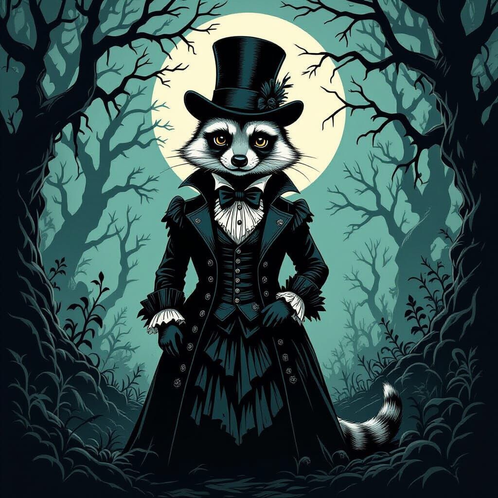 Gothic Meerkat in Shadowy Forest, Tim Burton Style