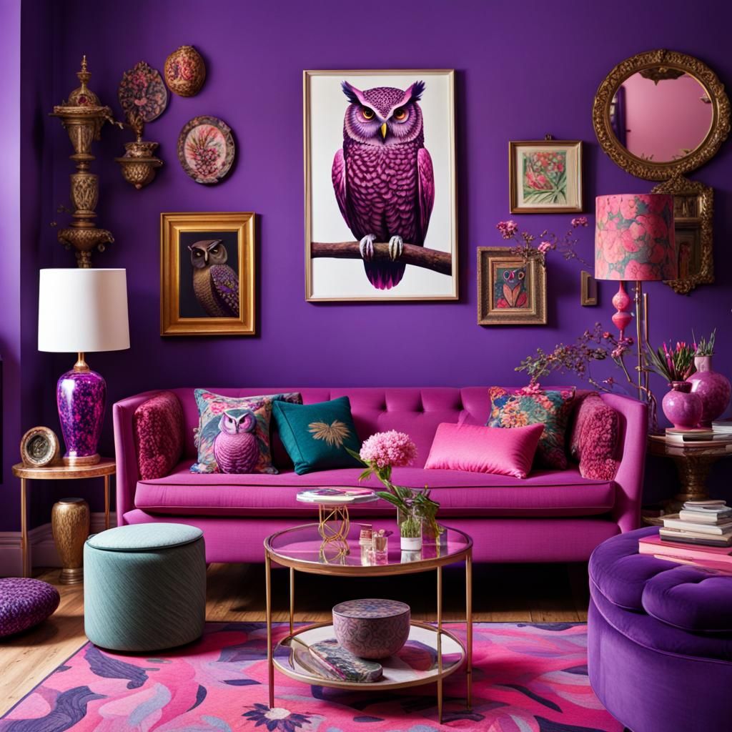 Maximalist Owl Living Room in Pink and Purple