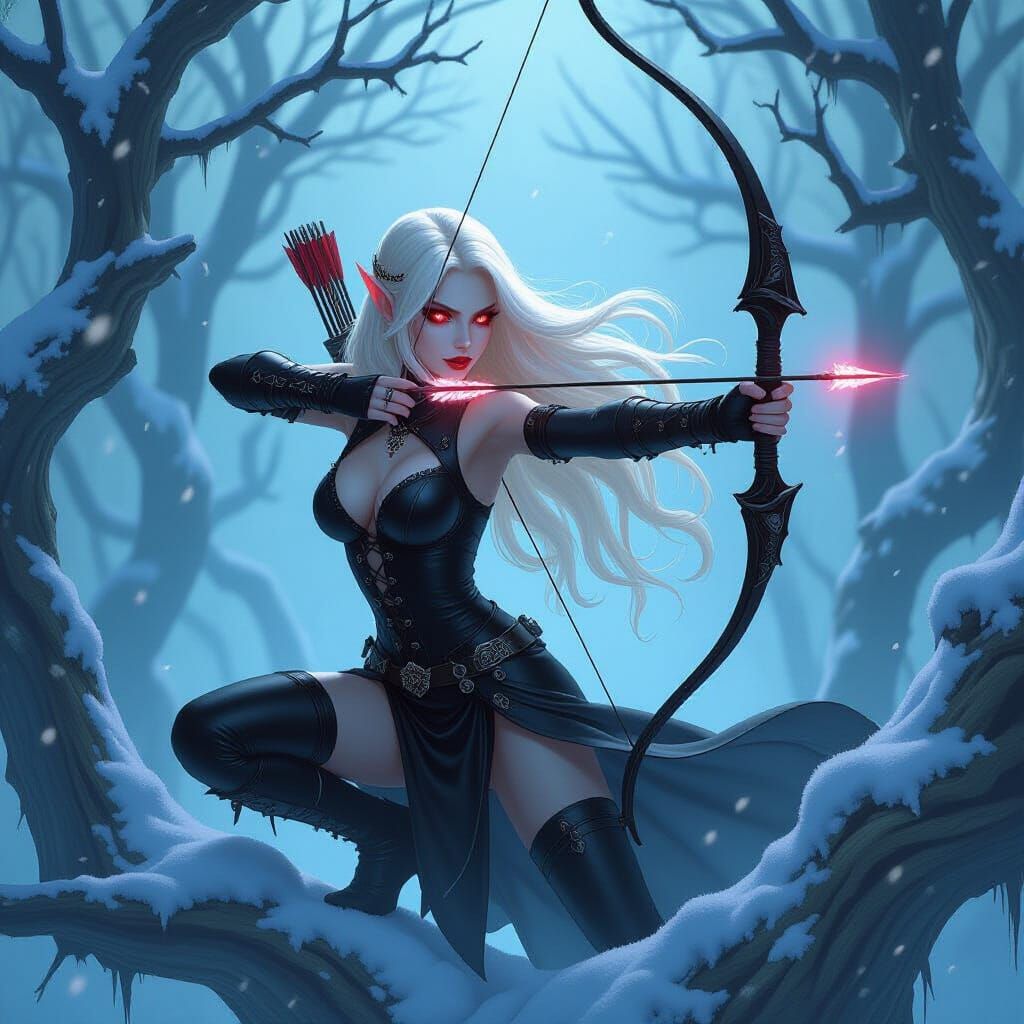 Elven Vampire Huntress in Snowy Forest, Fantasy Art