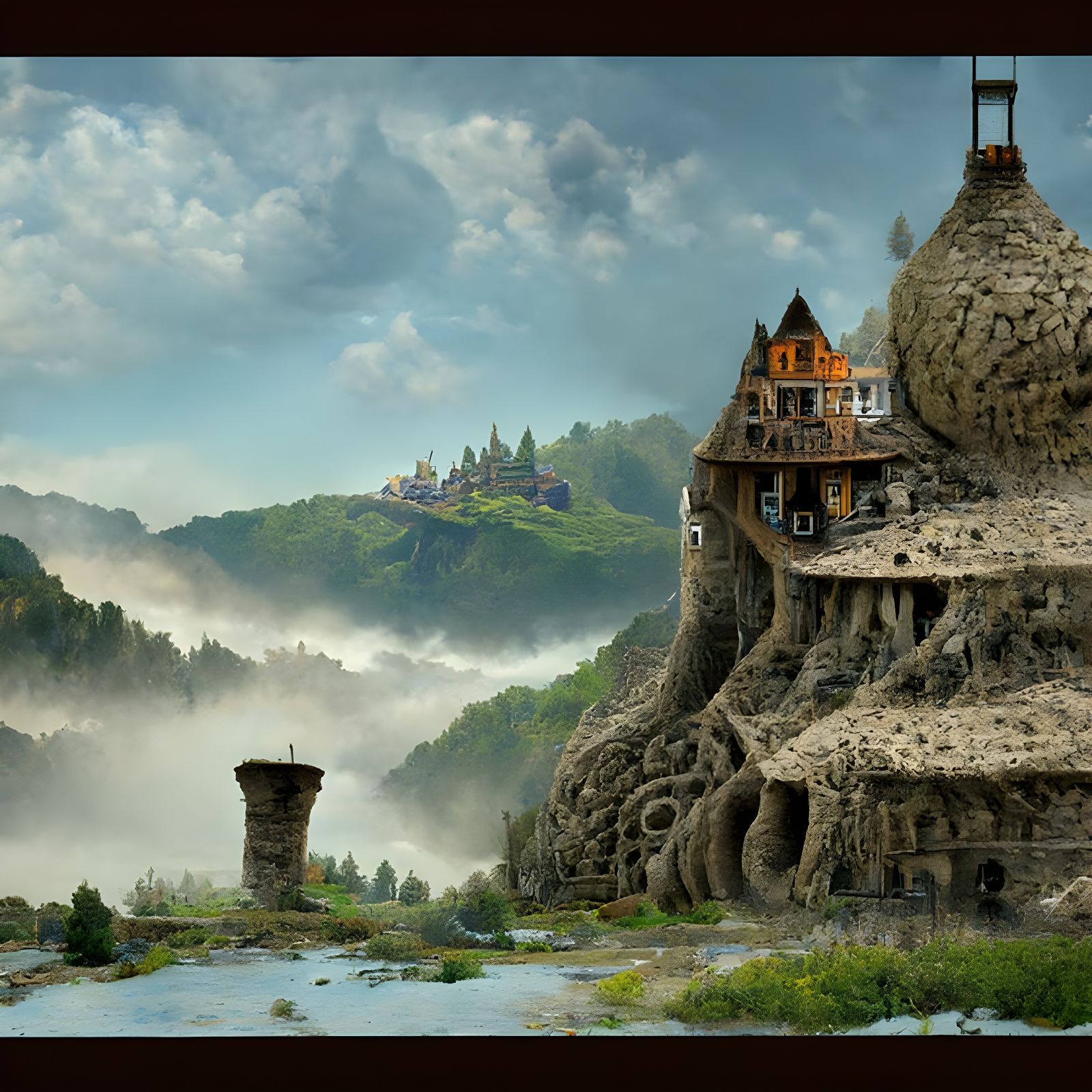 Complex Wooden Castle in Mountain Valley: Surreal Digital Ar...