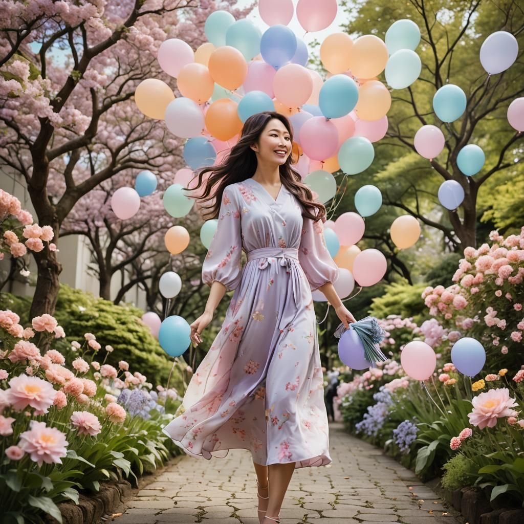 Japanese Woman in Pastel Garden with Balloons