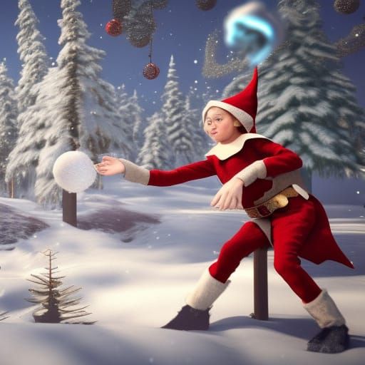 Elves Play Snowball Fight at North Pole