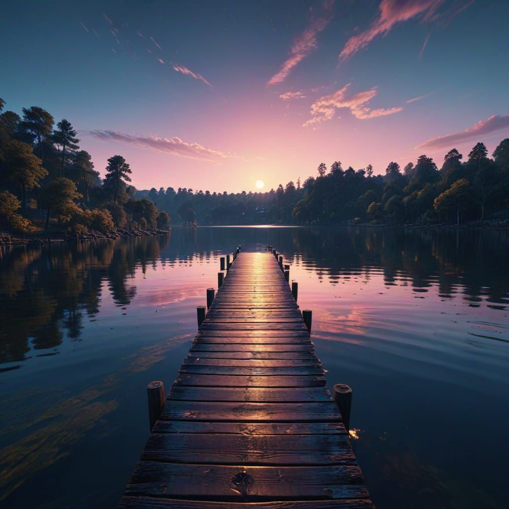 Pink Moon Over Lake Pier: Digital Matte Painting