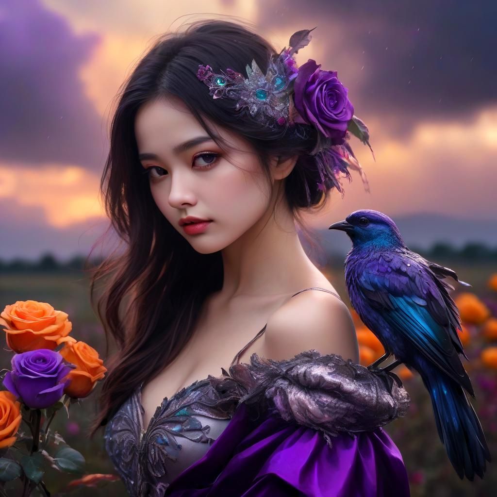 Woman with Iridescent Bird and Violet Roses