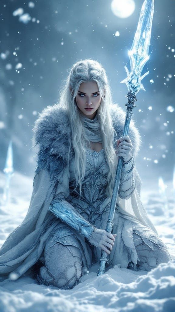 Ethereal Frostbound Warrior in Haunting Winter Landscape