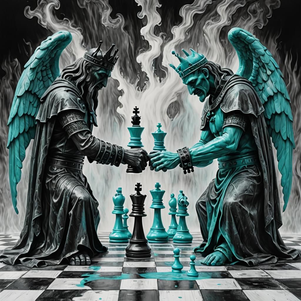 Demonic Chess Match in Charcoal Drawing Style