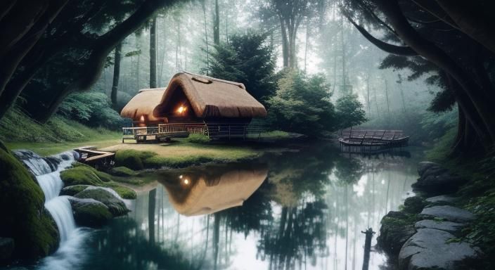 a small wooden cabin in a dense forest. the cabin is made of logs and has a thatched roof. there is a small creek in fro...