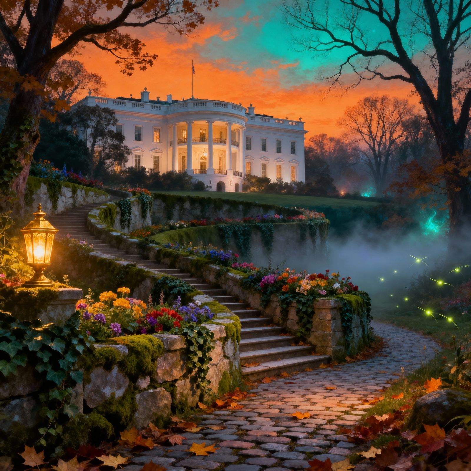 Enchanted White House in Twilight Garden