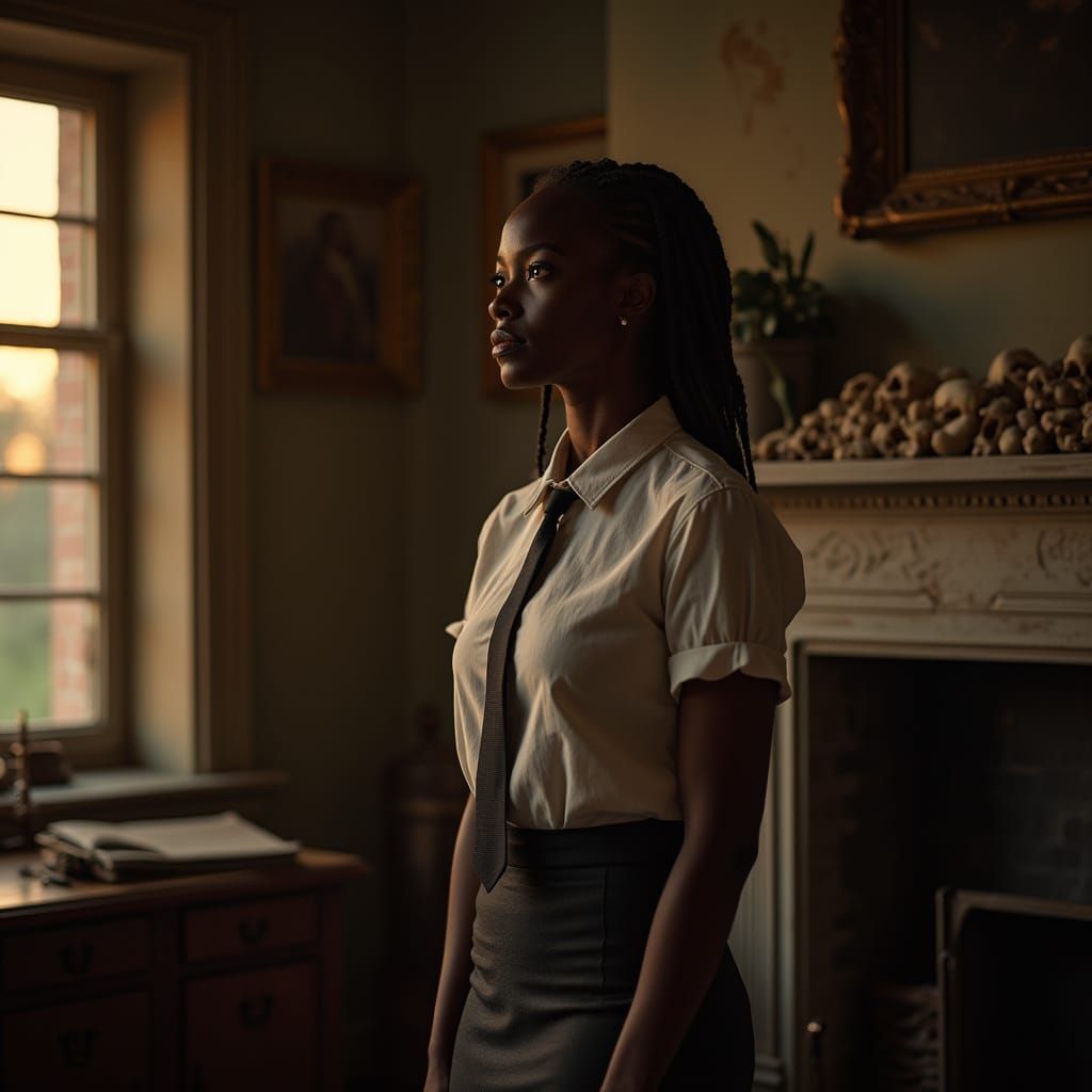 African American Woman in Eerie Study at Dusk