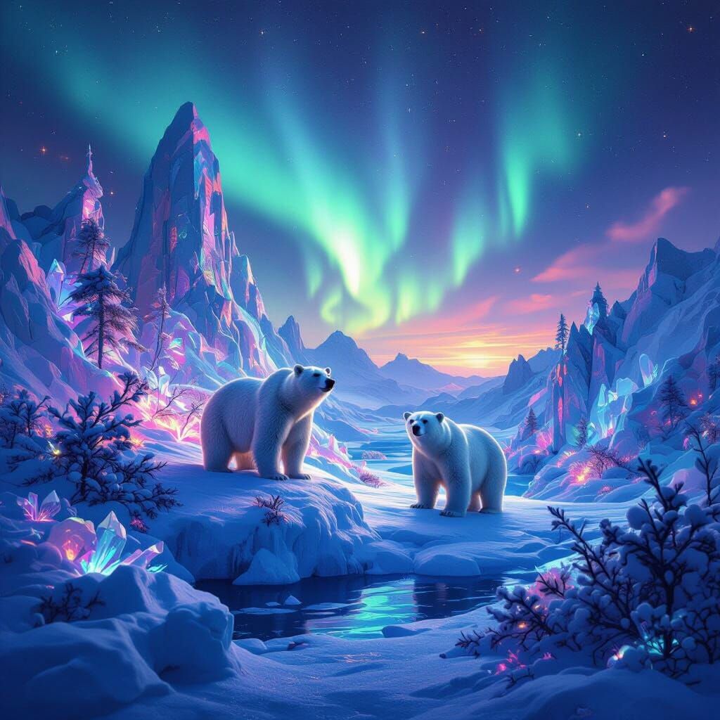 Psychedelic Arctic Forest on Iceberg with Polar Bears