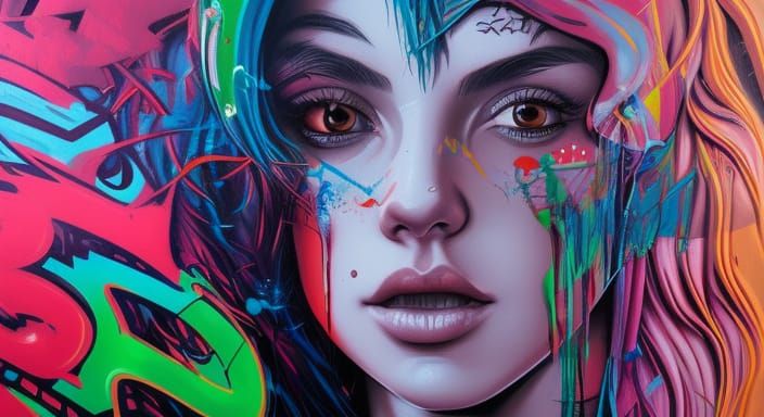 Graffiti Goddess in Vibrant, High Contrast Splatter Art