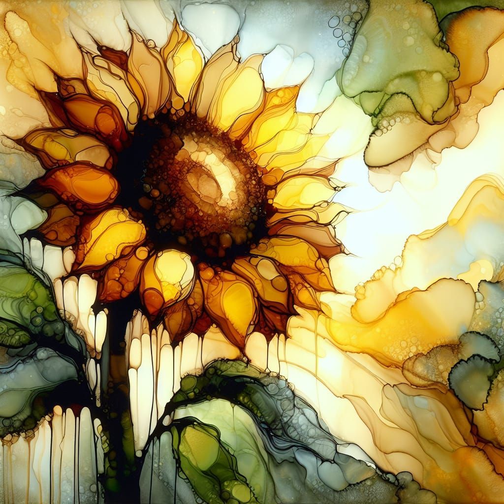 Vibrant Sunflower in Alcohol Ink Painting Style