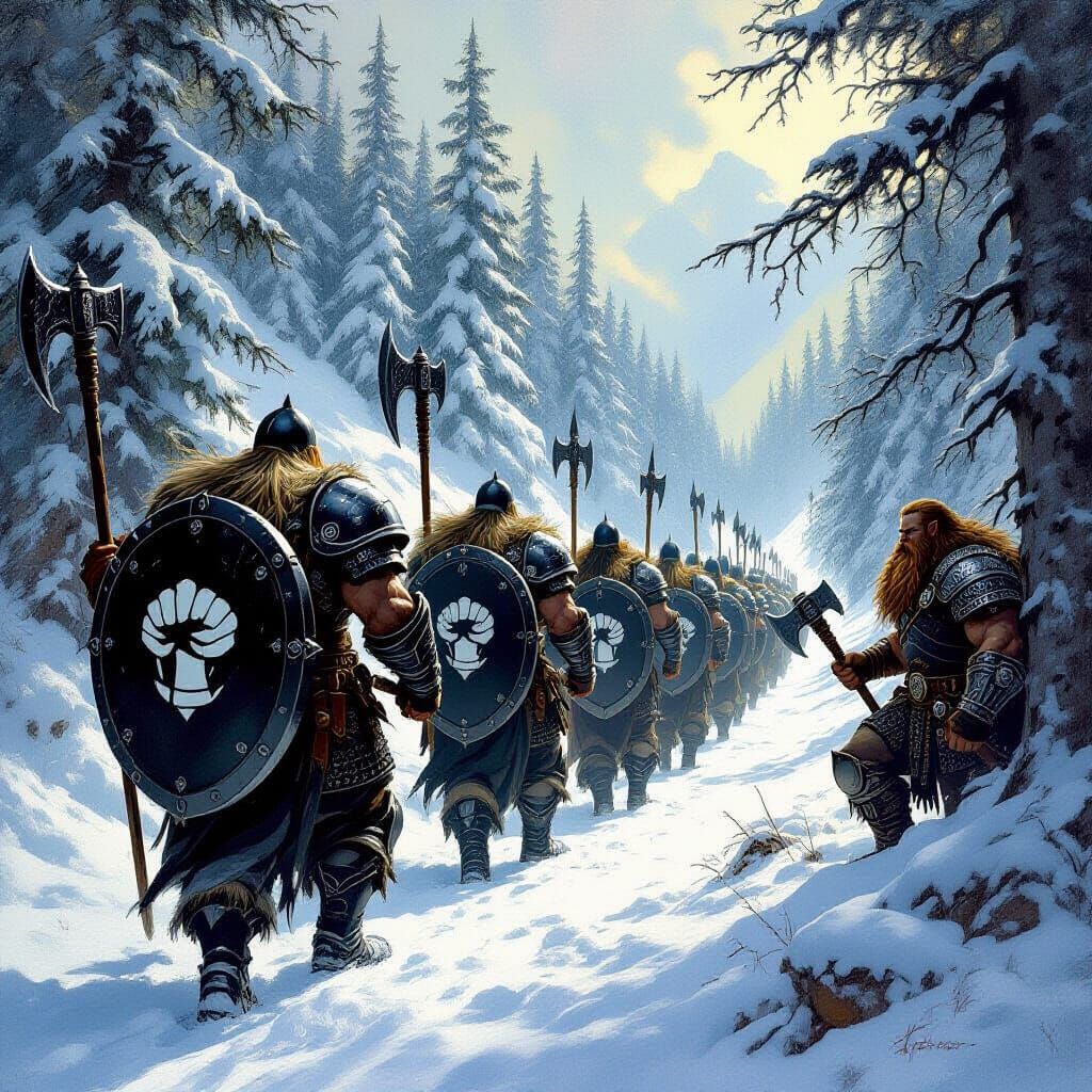 Fantasy Warriors March Through Snowy Gorge in Dark Fantasy S...