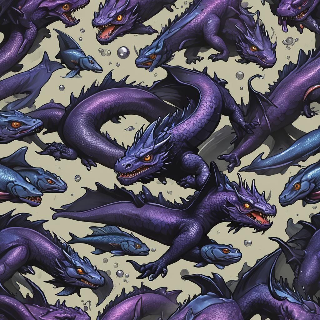 Black Dragon Hunting Shiny Fish in Dark Cave