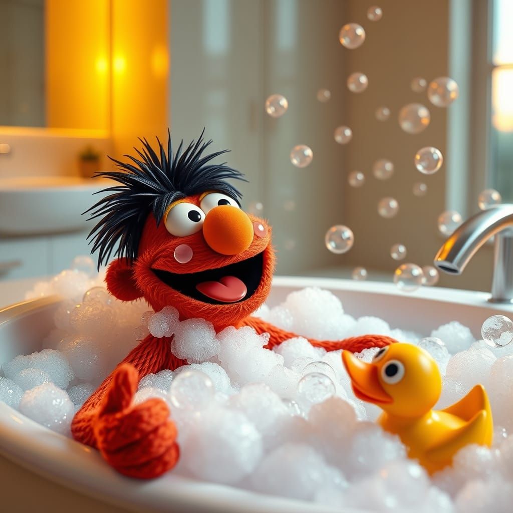 Sesame Street's Ernie in Whimsical Bubble Bath Scene