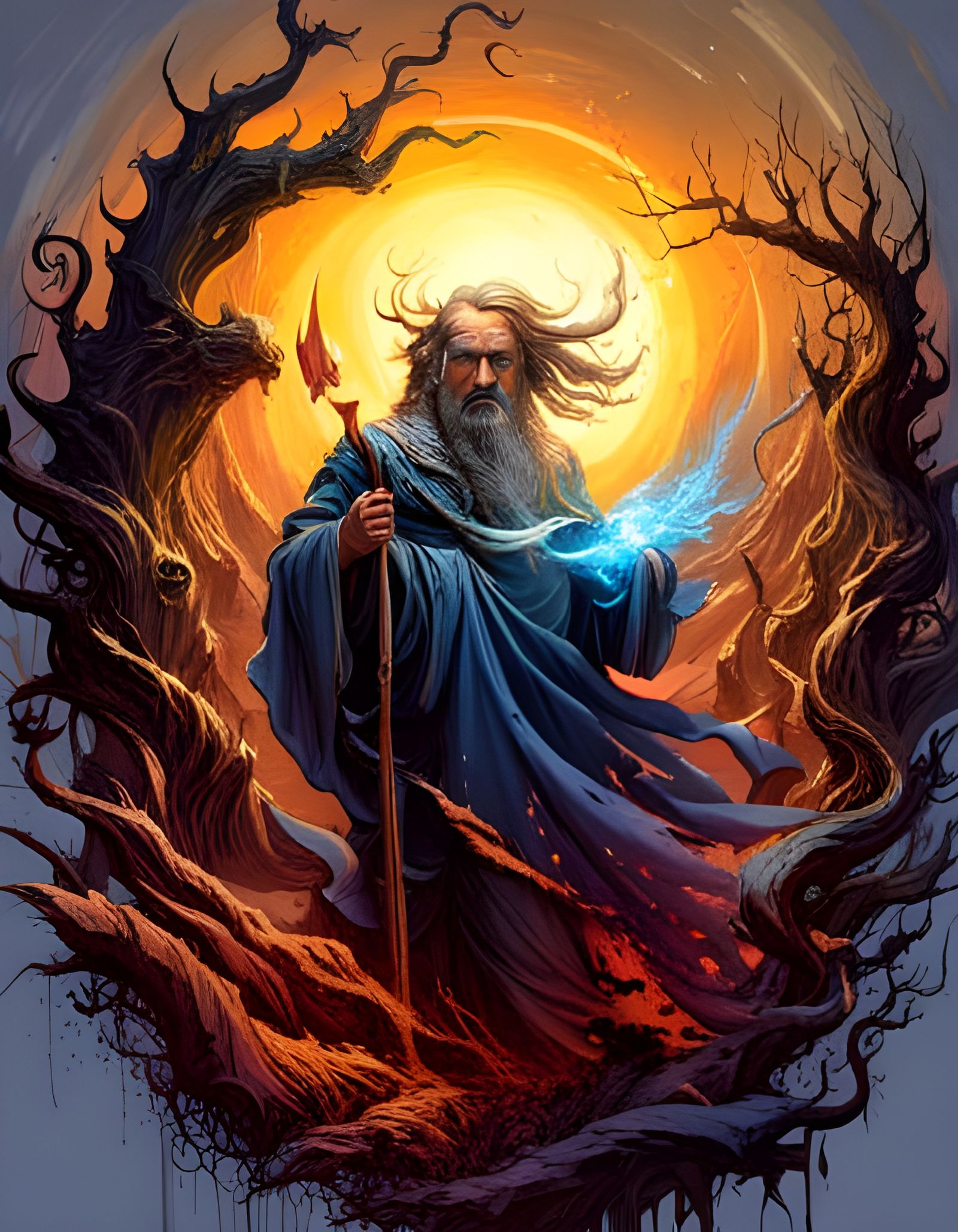 Dark Wizard Conjuring Magic at Sunset