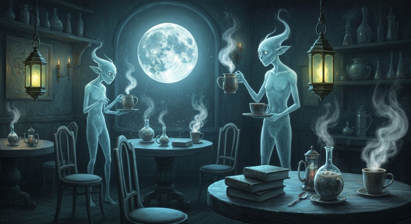 Ethereal Coffeehouse With Ghostly Baristas Under Full Moon