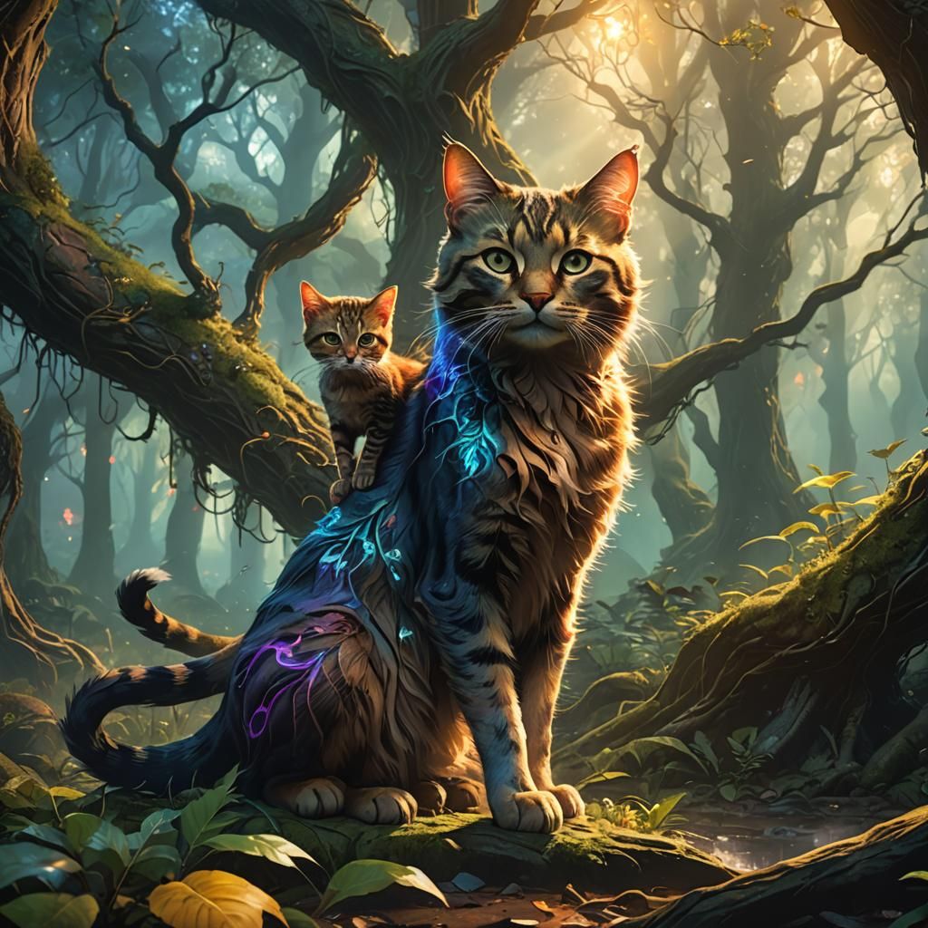 Mystical Cat Defends Kitten in Fantasy Forest