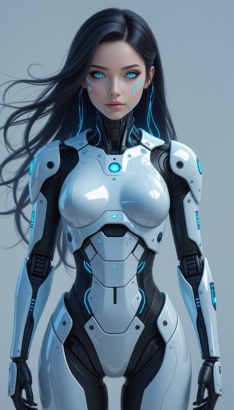 Futuristic Female Robot with Porcelain Armor and Neural Fila...