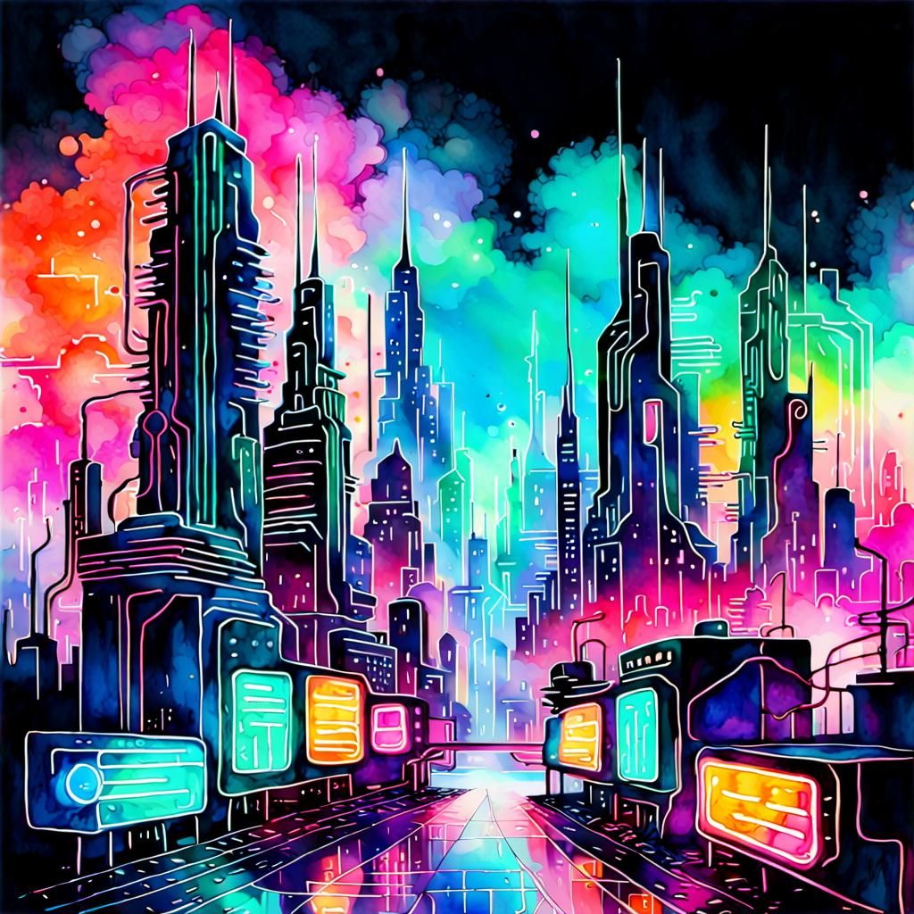Neon Watercolor Circuitboard Cityscape: Futuristic Art