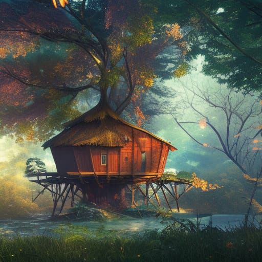 Sunlit Treehouse: Detailed Fantasy Concept Art
