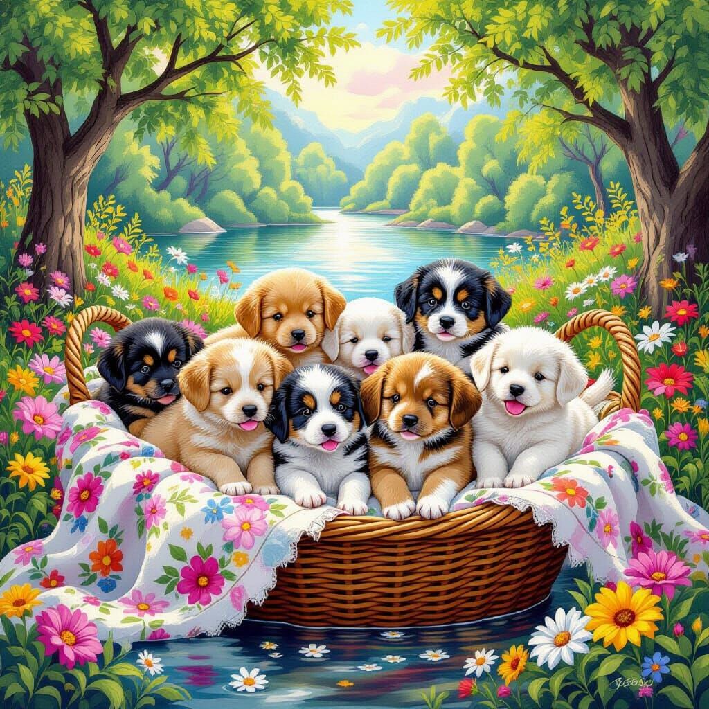 Puppies in Flower Basket: A Colorful Outdoor Scene