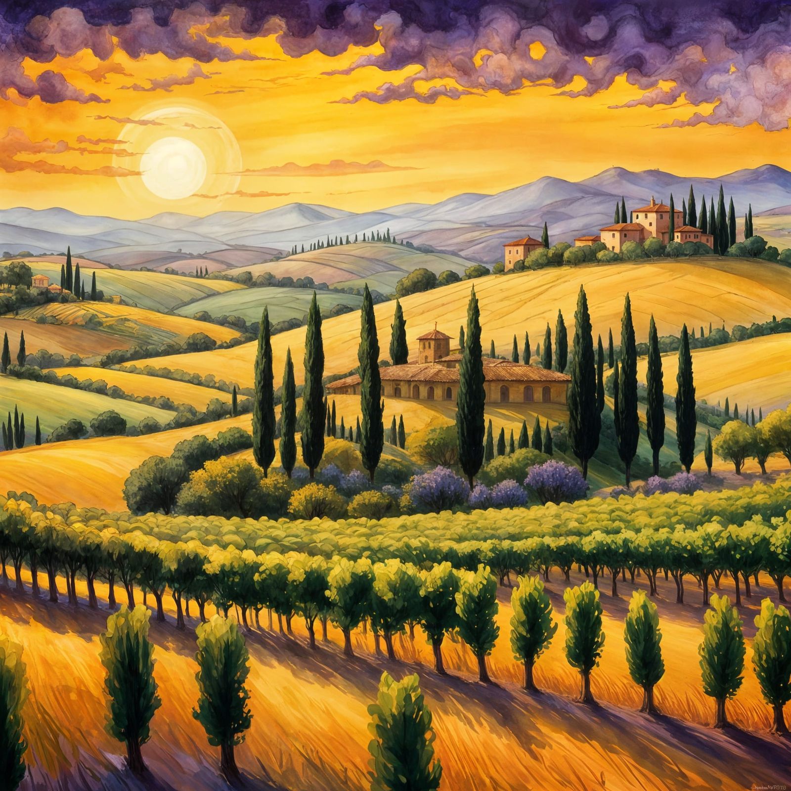 Tuscan Vineyard Sunset: Arthur Rackham-Inspired Ethereal Mag...