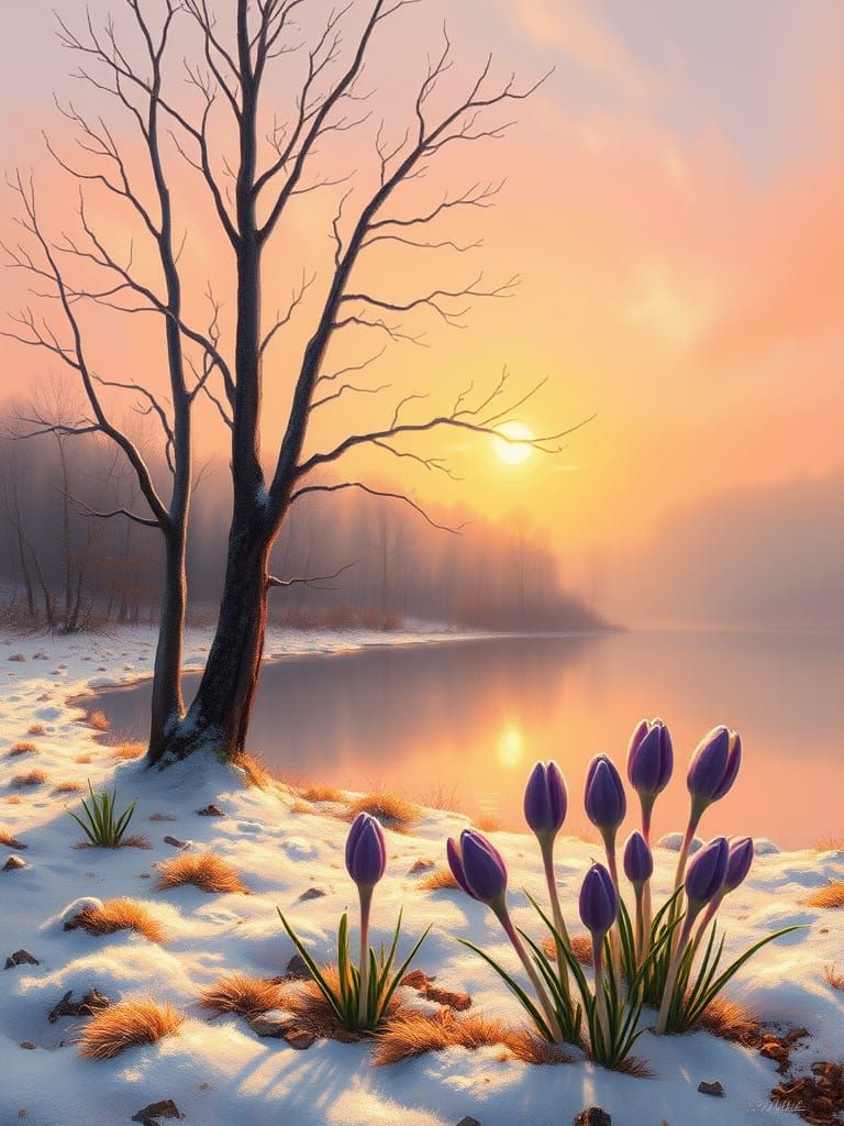 Winter Sunrise with Bare Tree and Crocuses