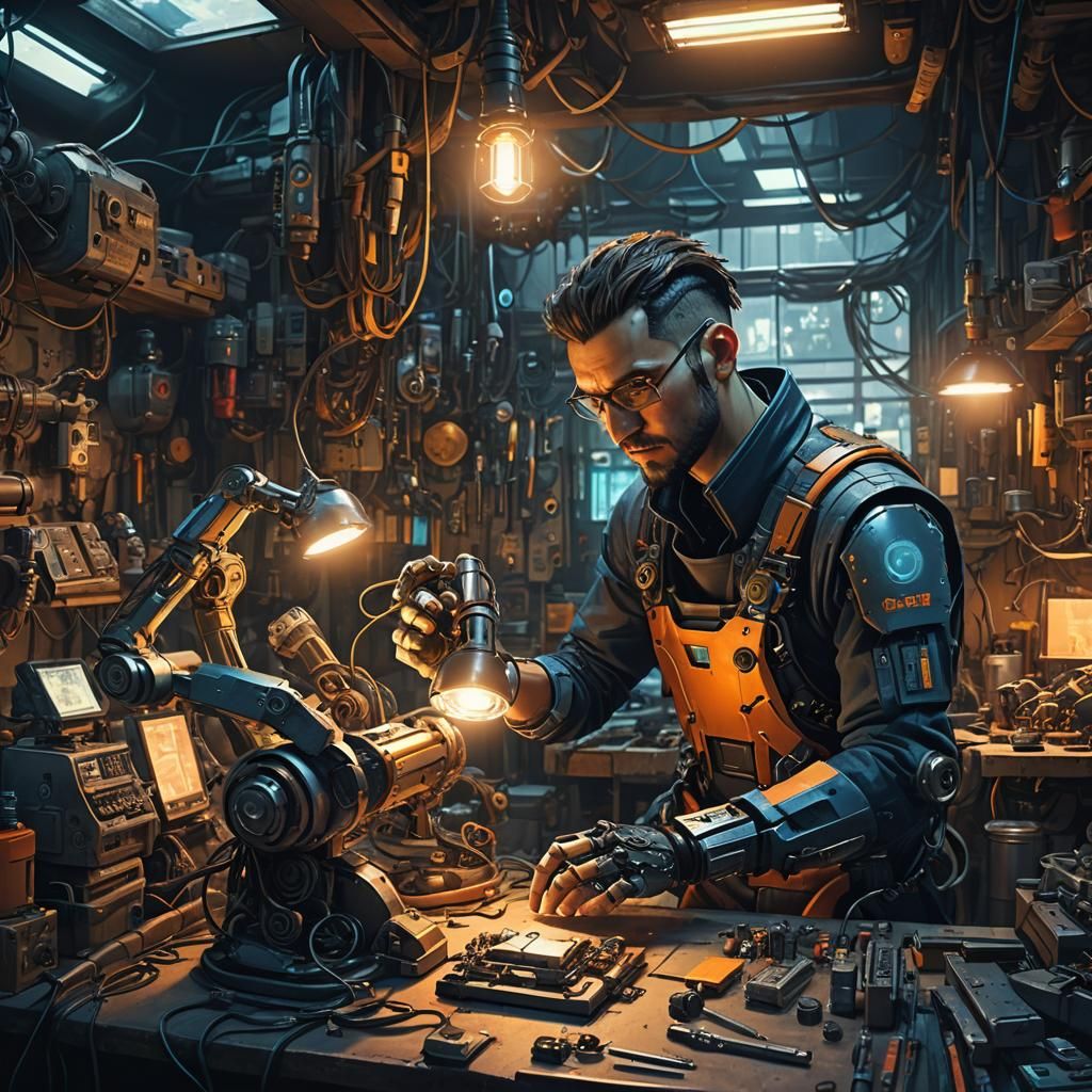 Cybernetic Engineer in Workshop: Cyberpunk Concept Art