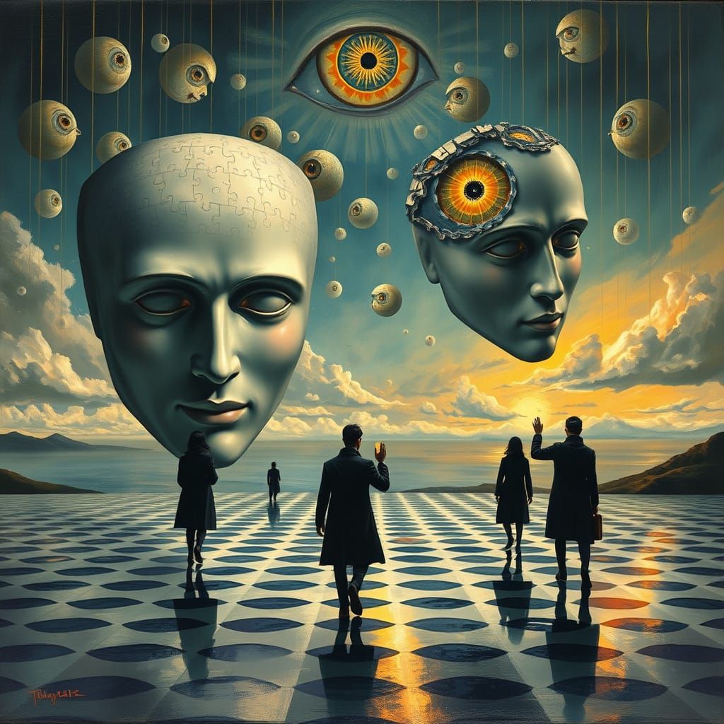 Surreal Dreamscape: Masks Dissolving in Liquid Mirrors