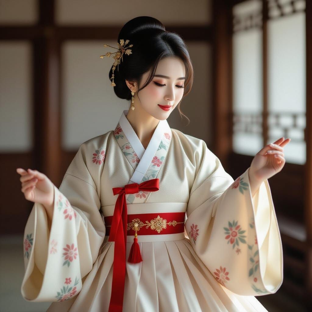 Elegant Hanbok Dance Scene in Traditional Korean Style