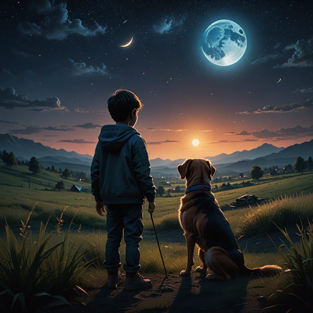 Small Boy and Dog Watch Moon Together in Deserted Field at N...