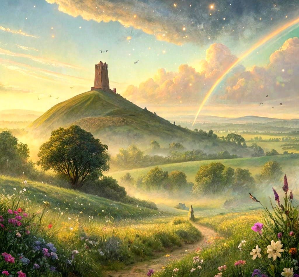 Ethereal Glastonbury Tor Rises in Whimsical Watercolour Ligh...