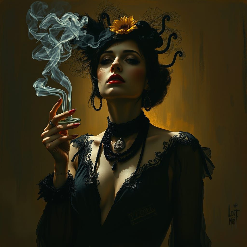 Mystical Flapper Girl in a Dark, Smoke-Filled Ritual