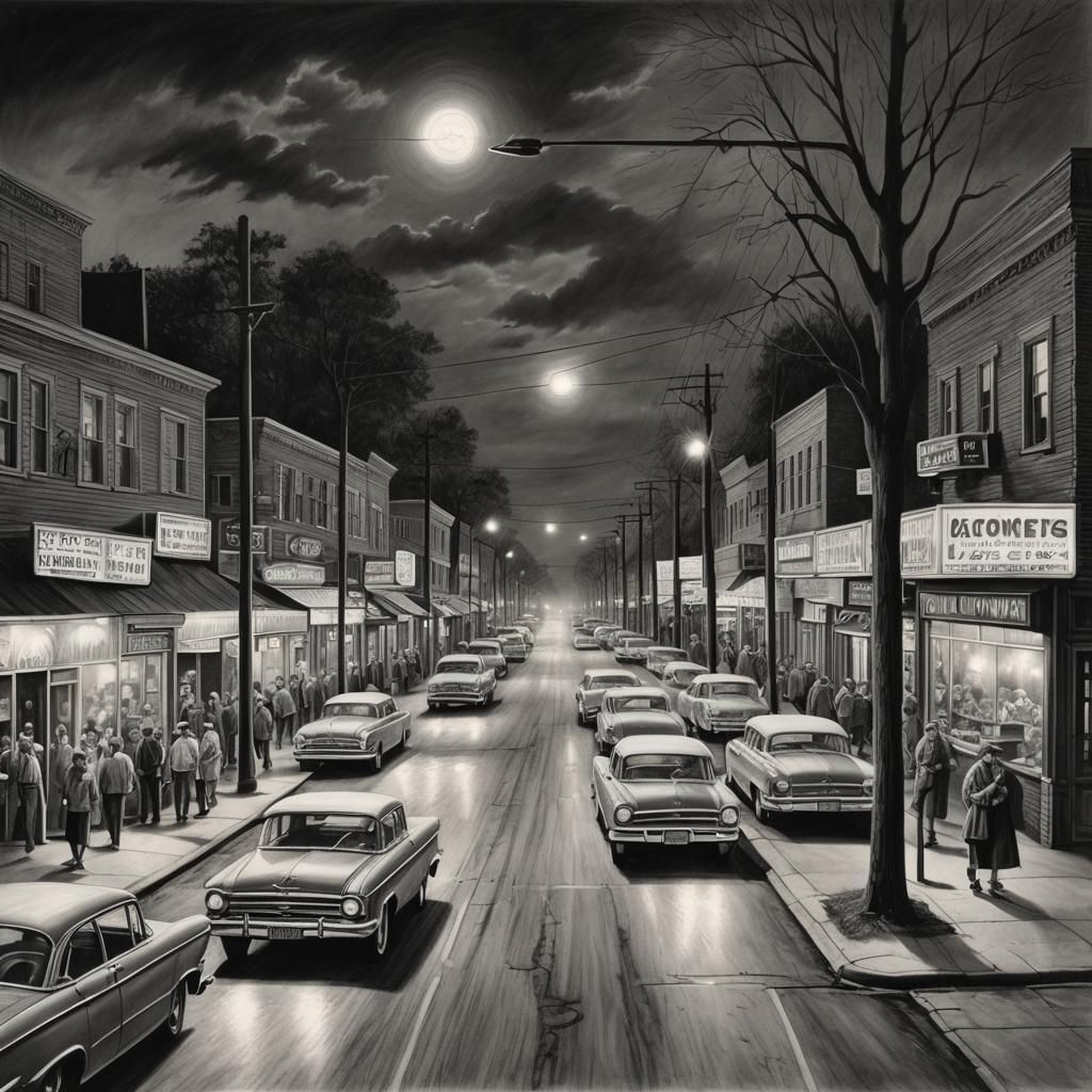 1960s American Town Street Scene Charcoal Drawing