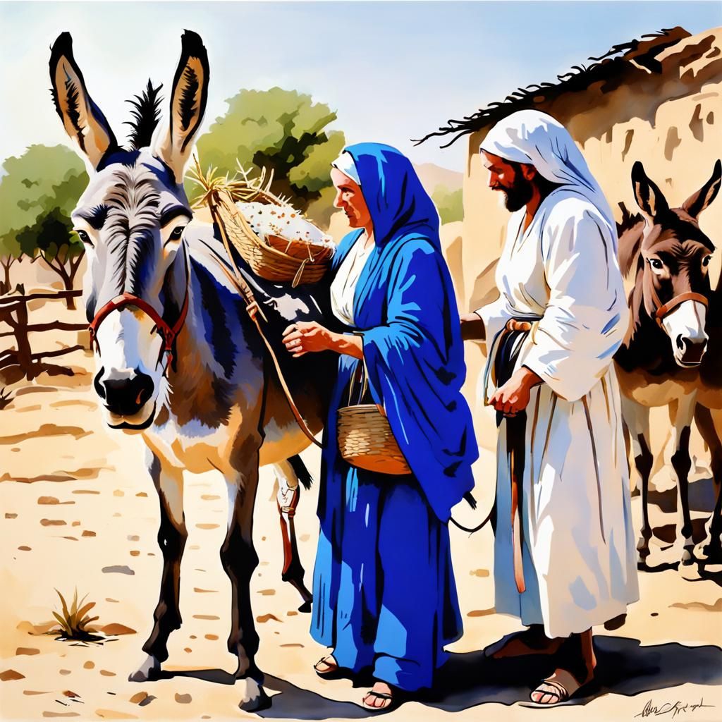 Blue Mary and Caucasian Joseph Feeding Donkey