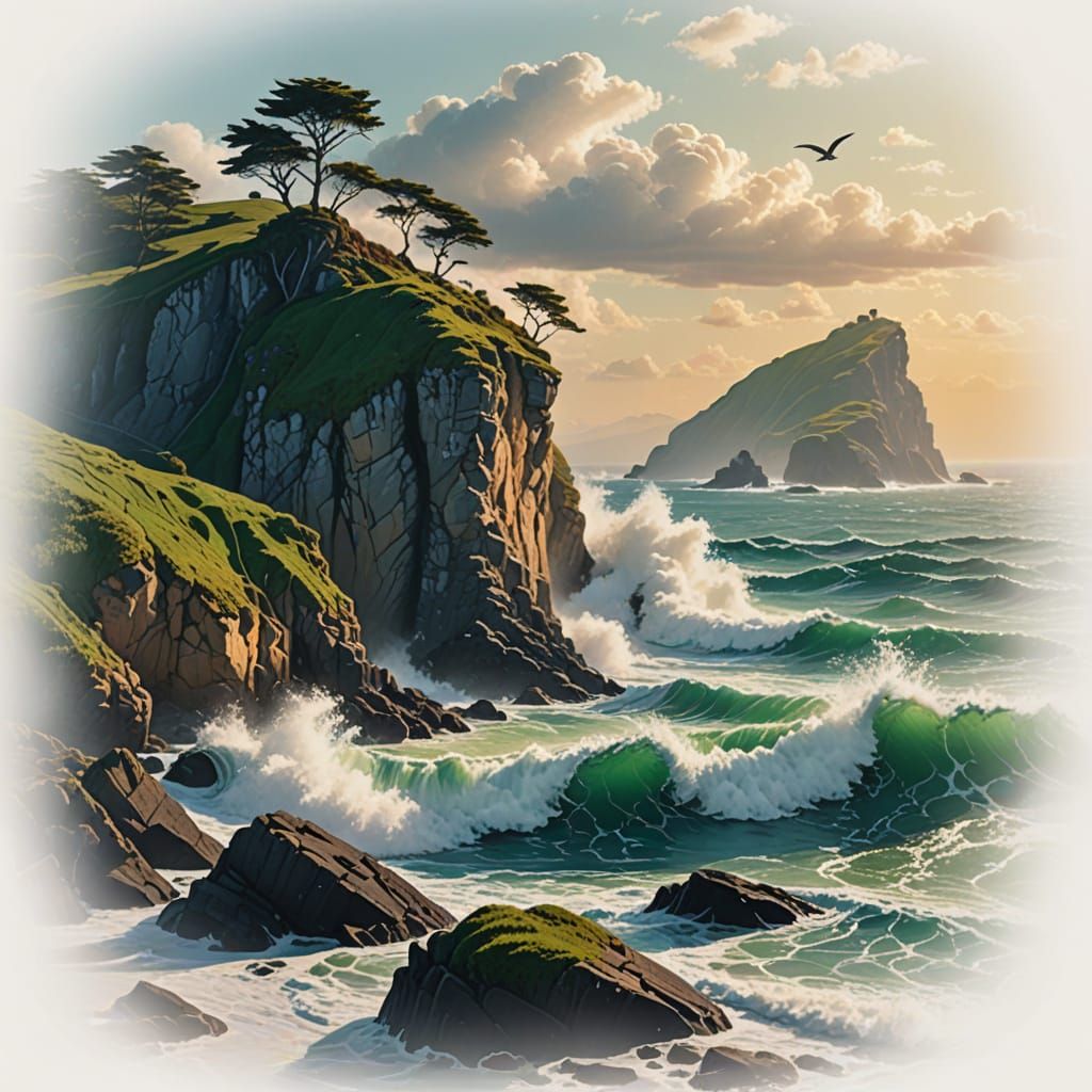 Dramatic Coastal Scene at Golden Hour in 8k