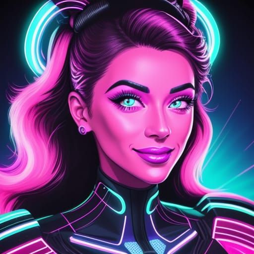 Happy Woman with Neon Glow in Synthwave Style