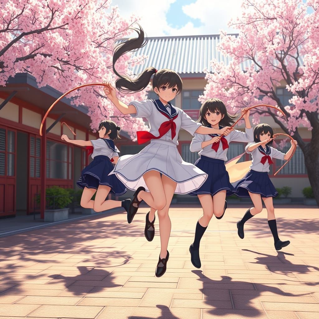 Girls in Vibrant School Uniforms Dance with Ribbons in a Che...